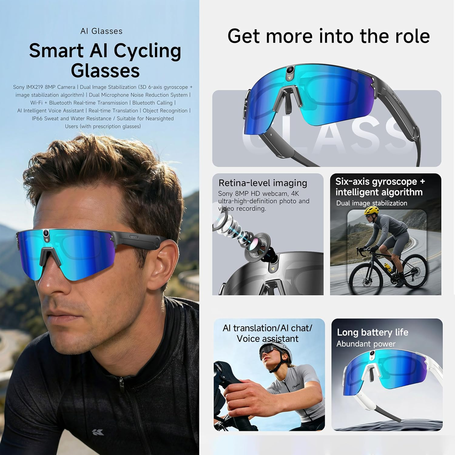 AI Glasses with HD 8MP Camera,Smart Glasses with 290 mAh,4K Video Camera Sunglasses with Smart Translation