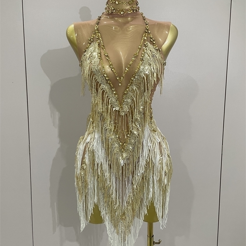 Stock 2025 Women Sexy Stretch Mesh Sparkly Rhinestone Tassels Mini Dress Nightclub Singer Dance Stage Costume Evening Gowns 260521