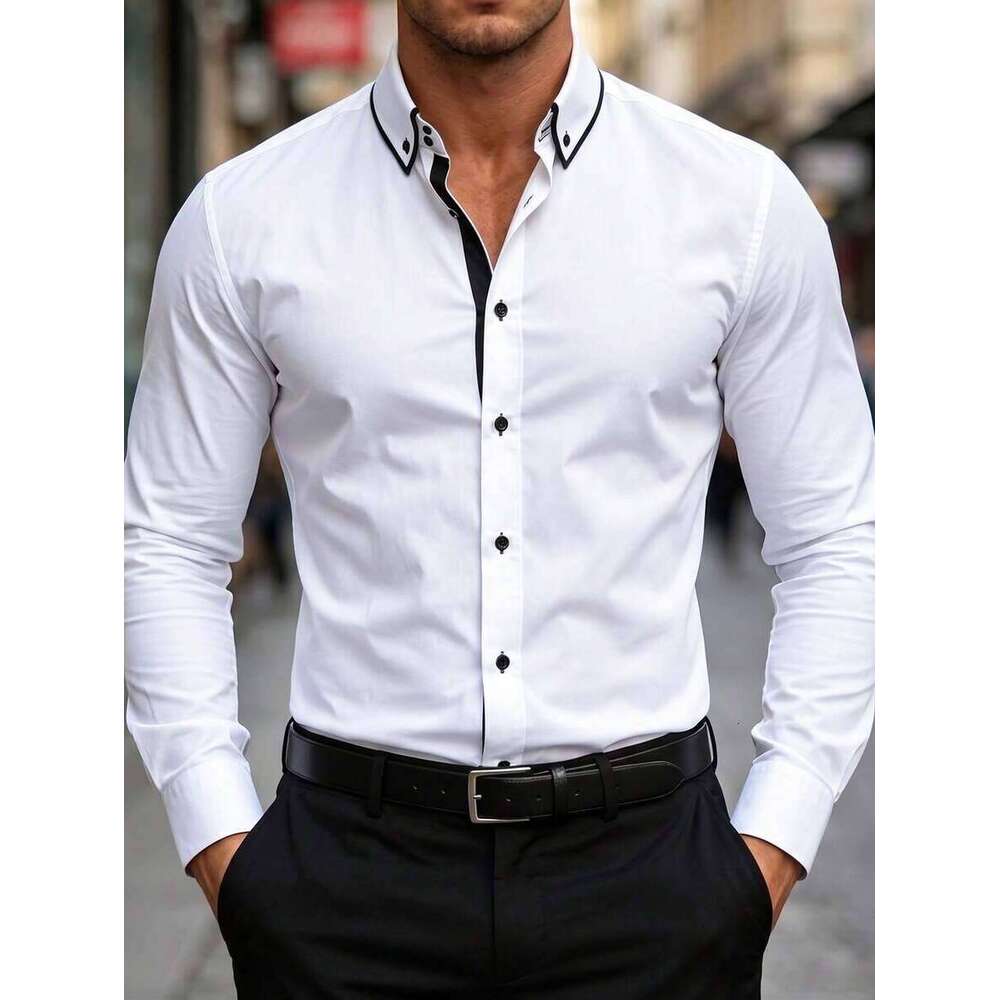 Manfinity Bizformal Men's Solid Collar & Placket Contrast Color Casual Business Long Sleeve Shirt 6c72 - view 8