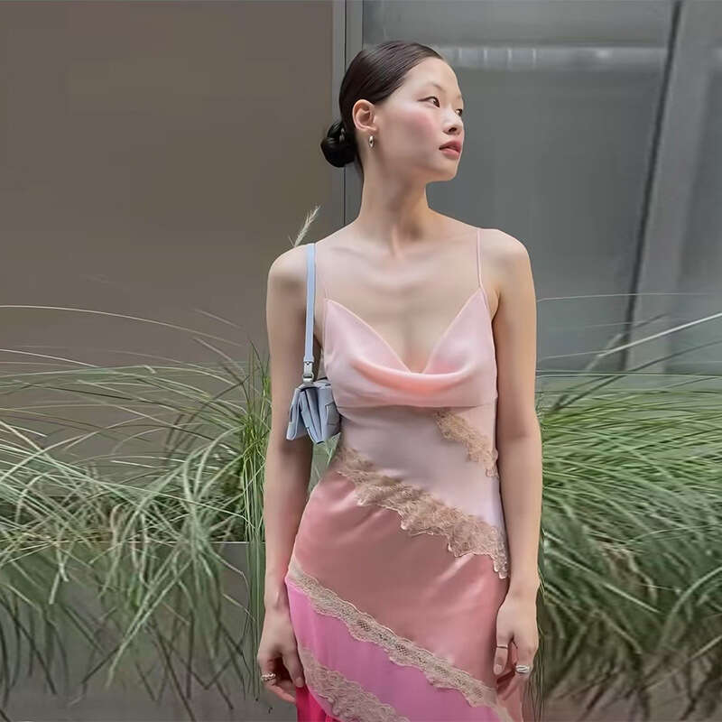 Spring Summer Pink Patchwork V Neck Slim Mid Length Camisole French Resort Style Casual Women Daily Dress MAKOUFEI