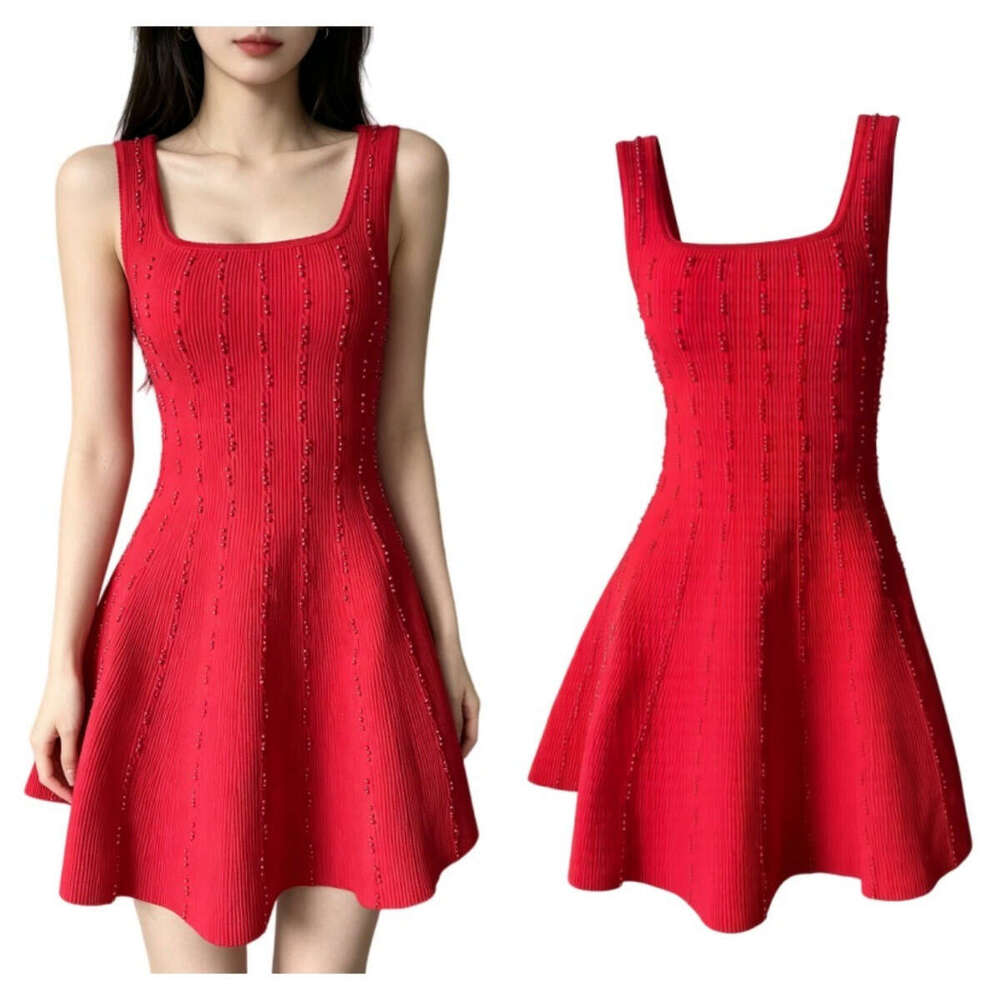 French Style Light Blue Ribbed Knit Tank Dress Women Square Neck Sleeveless A-Line Flared Skirt Short Casual Dresses for Daily Wear & Beach Square Nec