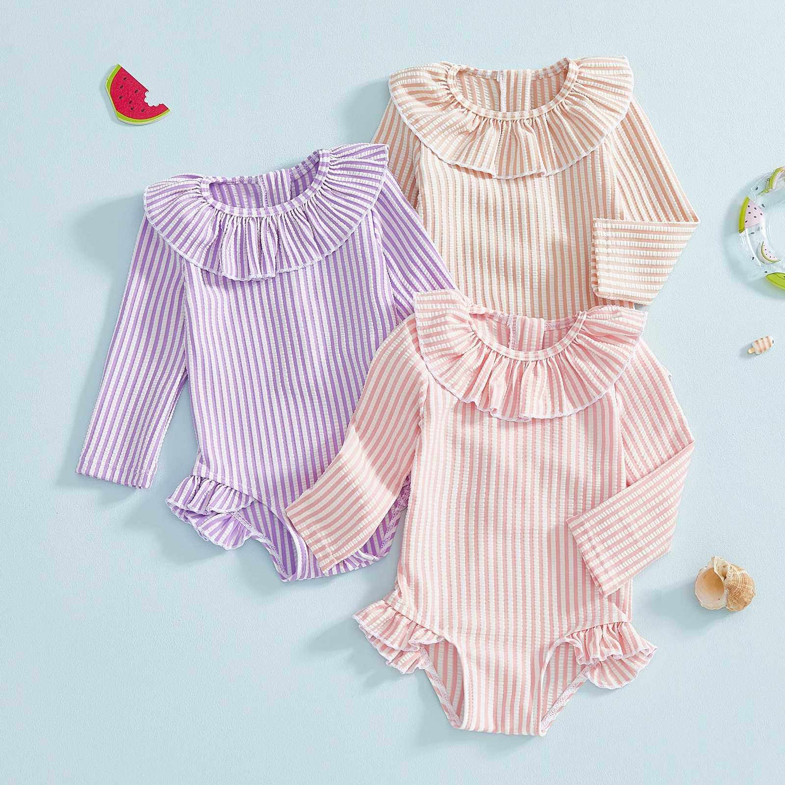 Toddler Girl Rash Guard Swimsuit Long Sleeve Ruffled Collar Striped Swimwear for Beach PoolT260522