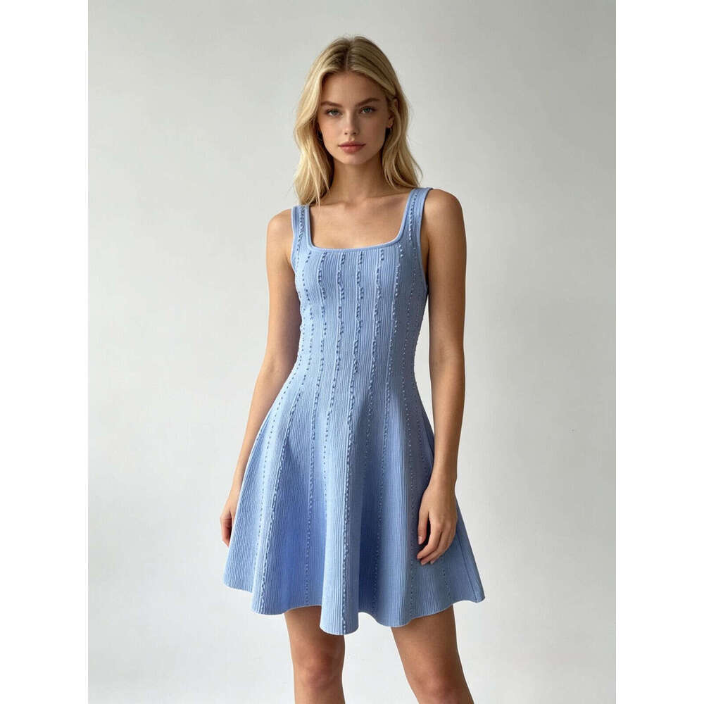 French Style Light Blue Ribbed Knit Tank Dress Women Square Neck Sleeveless A-Line Flared Skirt Short Casual Dresses for Daily Wear & Beach Square Nec