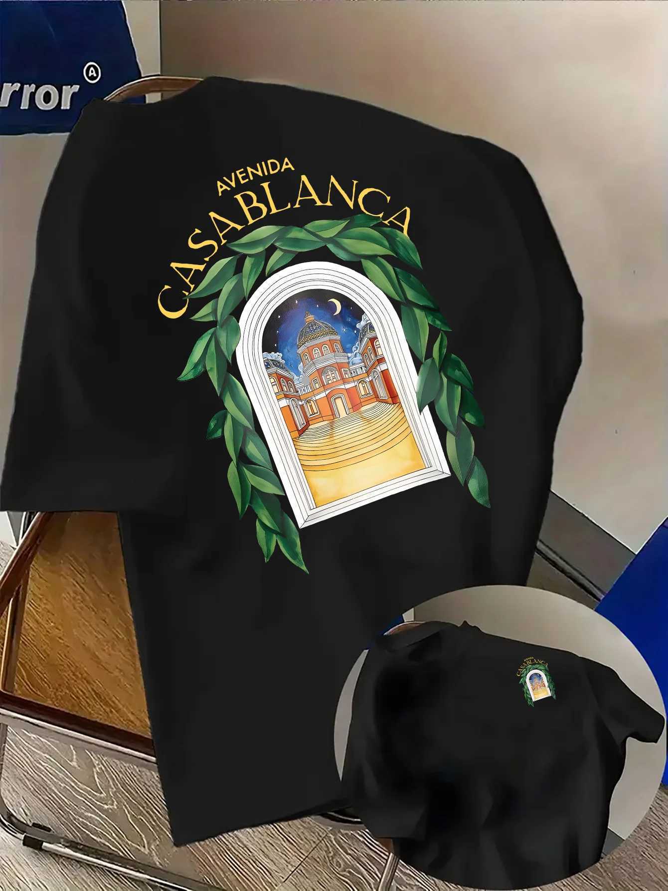 Stylish North Africa Inspired Tee Featuring Night Cityscape Green Leaves 100 Cotton Mens T-shirt Summer StreetwearJ260522