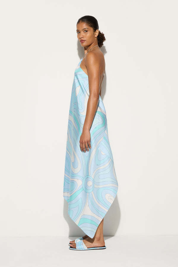 Casual Dresses Blue Print Women Loose Halter Dress Fashion Female Satin Off Shoulder Backless Thin Irregular Robe 2026 Summer Vacation