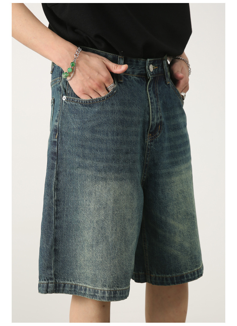 Summer new American retro vintage blue denim shorts men's loose straight leg five quarter pants versatile hot pants