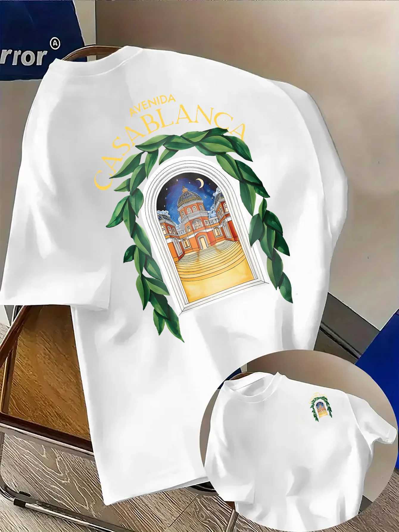 Stylish North Africa Inspired Tee Featuring Night Cityscape Green Leaves 100 Cotton Mens T-shirt Summer StreetwearJ260522