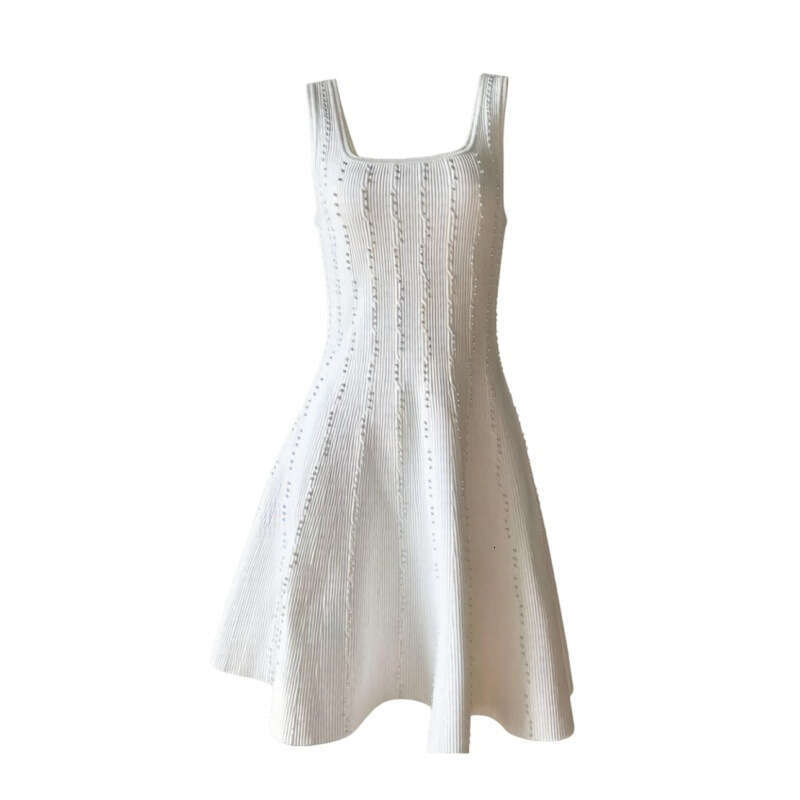 French Style Light Blue Ribbed Knit Tank Dress Women Square Neck Sleeveless A-Line Flared Skirt Short Casual Dresses for Daily Wear & Beach Square Nec