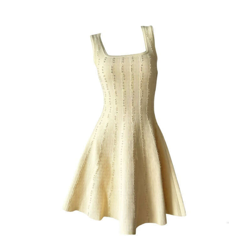 French Style Light Blue Ribbed Knit Tank Dress Women Square Neck Sleeveless A-Line Flared Skirt Short Casual Dresses for Daily Wear & Beach Square Nec