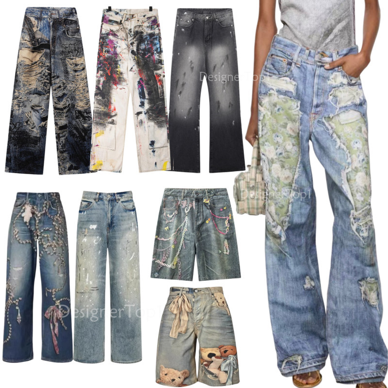 Ac Men and Women Wide Leg Jeans 3D Digital Print Camouflage Casual Loose Fit Summer Washed Graffiti Style XS XL