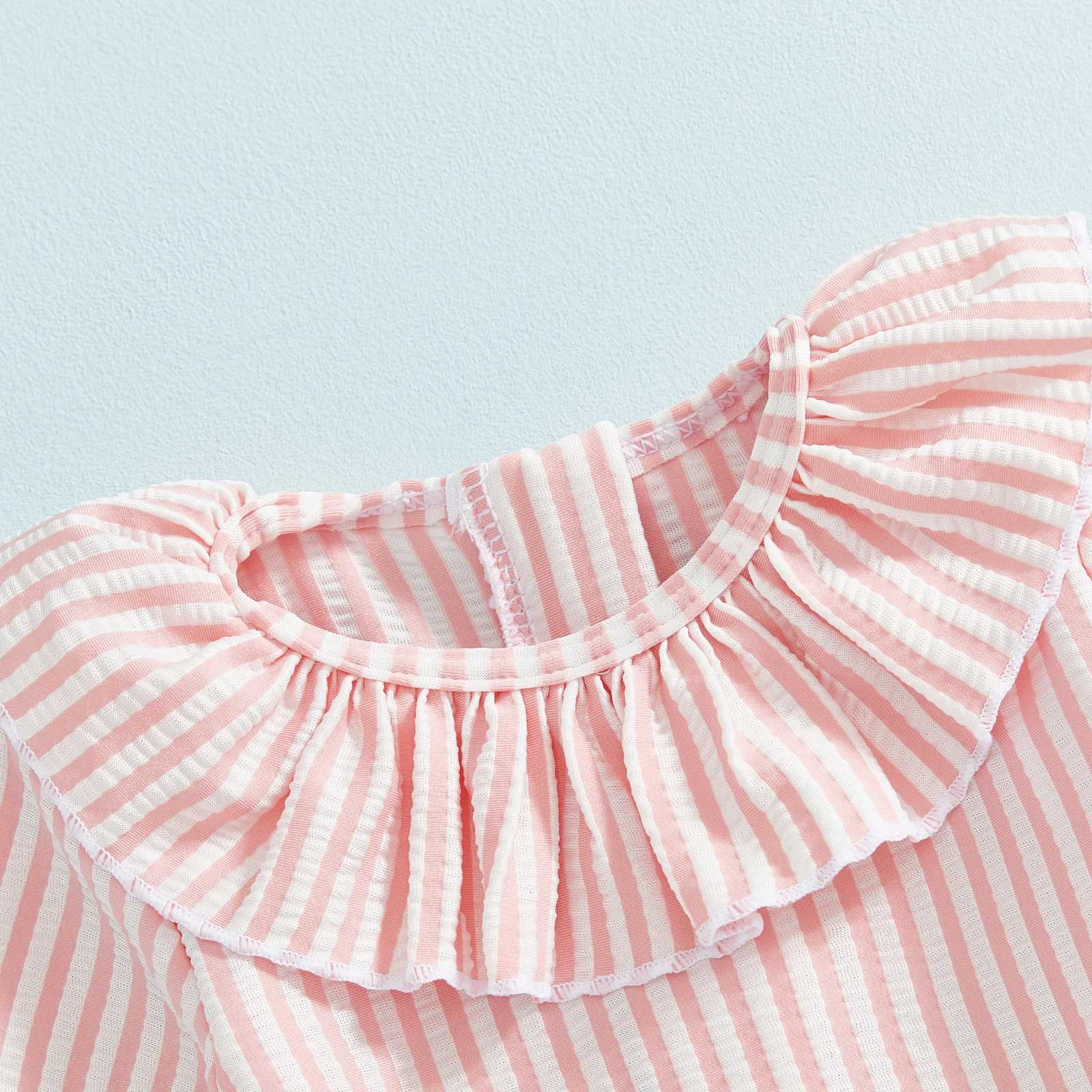 Toddler Girl Rash Guard Swimsuit Long Sleeve Ruffled Collar Striped Swimwear for Beach PoolT260522