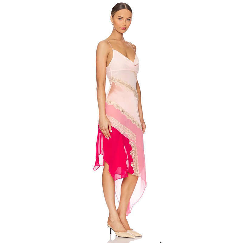 Spring Summer Pink Patchwork V Neck Slim Mid Length Camisole French Resort Style Casual Women Daily Dress MAKOUFEI