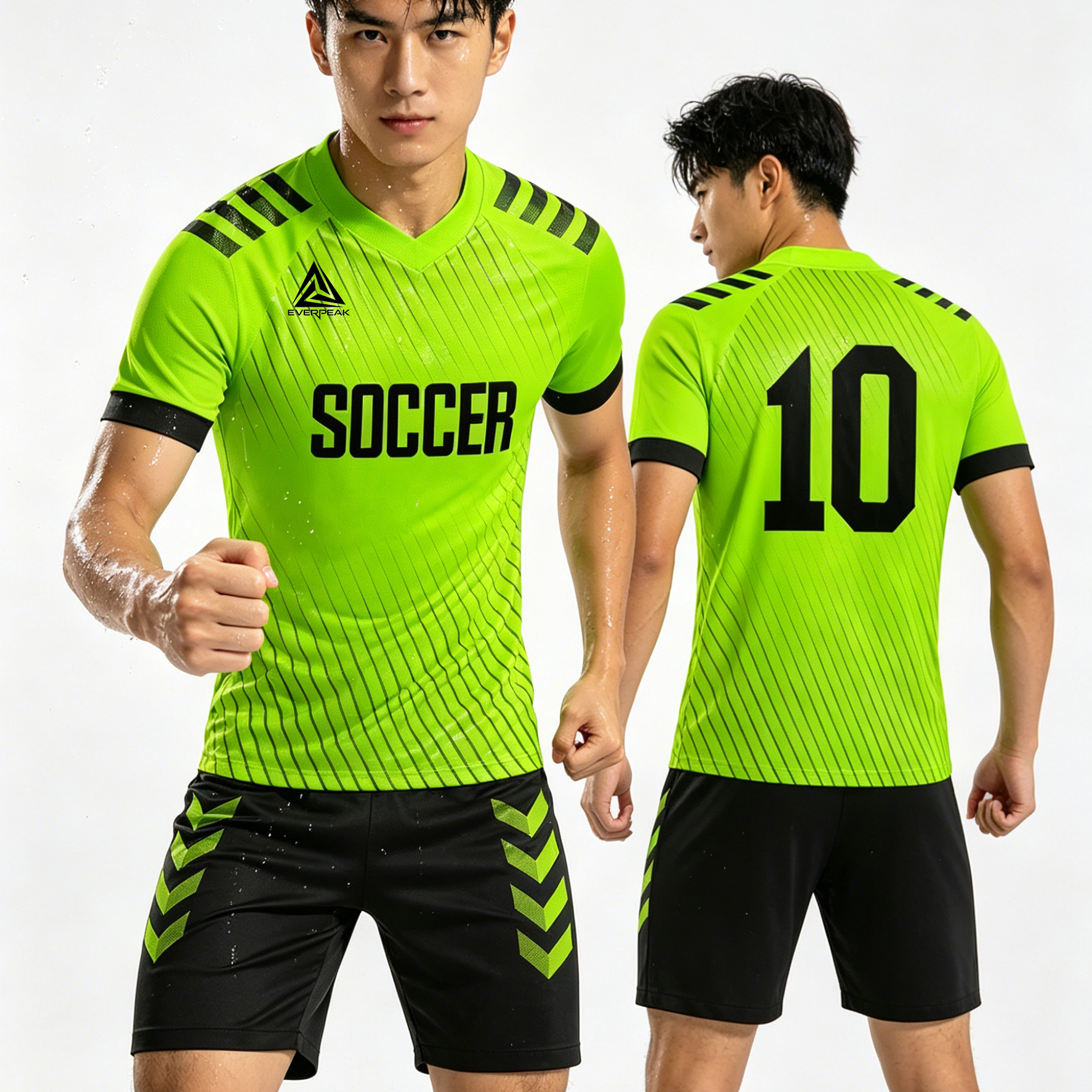 Custom Soccer Jersey Set Men Neon Green Diagonal Football Uniform with Shorts Personalized Name Number Breathable Quick Dry Kit - view 3