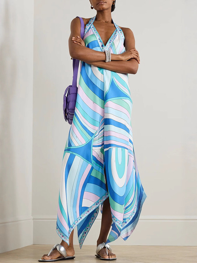Casual Dresses Blue Print Women Loose Halter Dress Fashion Female Satin Off Shoulder Backless Thin Irregular Robe 2026 Summer Vacation
