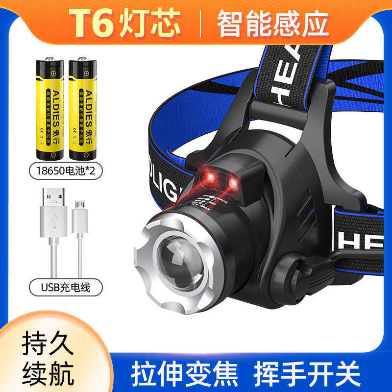 Strong light sensor headlamp with USB charging function. Portable miner's lamp. Outdoor LED headlamp for night fishing. Long battery life. Extrem