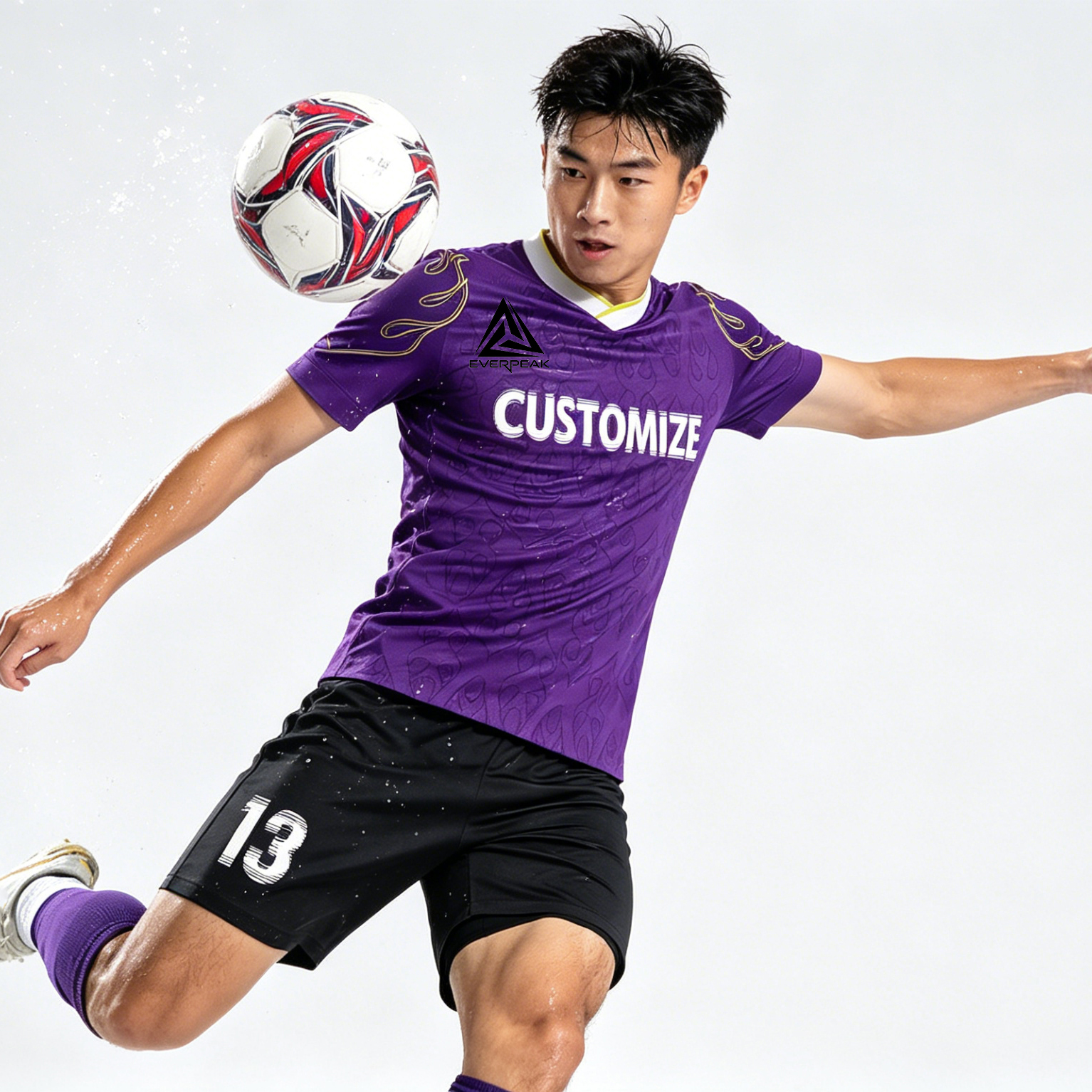 Custom Soccer Jersey Set Men Purple with Flame Print Football Uniform with Shorts Personalized Name Number Breathable Quick Dry Kit - view 4