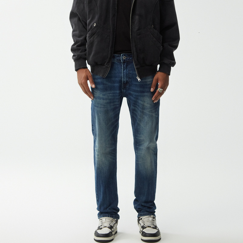 Mens straightleg midrise jeans spring and autumn washed blue loose fit versatile slimfit highend casual pants 260109