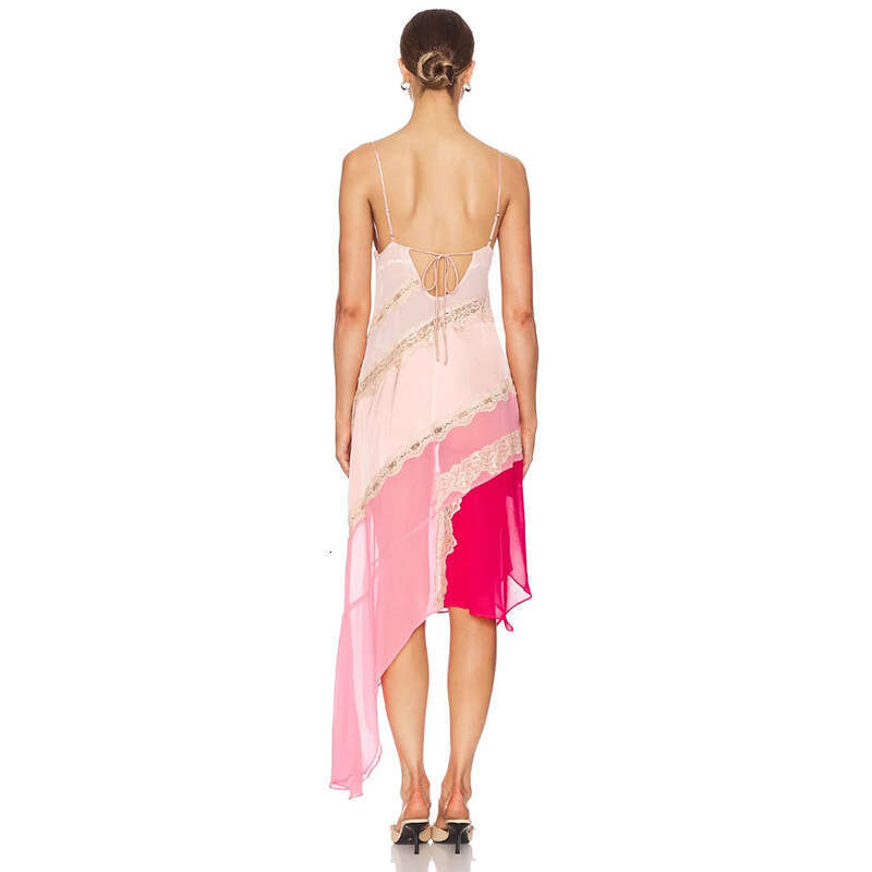 Spring Summer Pink Patchwork V Neck Slim Mid Length Camisole French Resort Style Casual Women Daily Dress MAKOUFEI