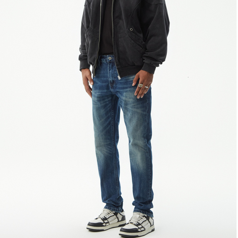 Mens straightleg midrise jeans spring and autumn washed blue loose fit versatile slimfit highend casual pants 260109