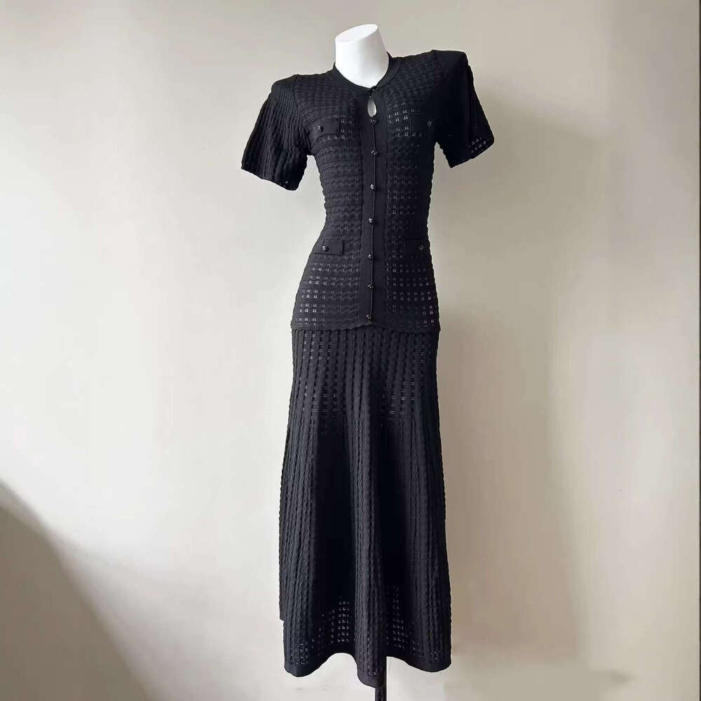 Retro Vibe Navy Crochet Knit Dress, Short Sleeve Button Front Fitted Dress, Sophisticated Feminine Style Square Neck Retro