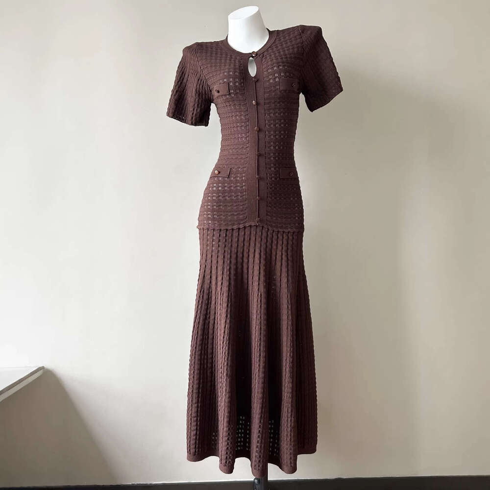Retro Vibe Navy Crochet Knit Dress, Short Sleeve Button Front Fitted Dress, Sophisticated Feminine Style Square Neck Retro