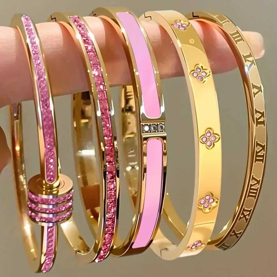 ZAKOL New Buling Pink Crystal Zirconia Stainless Steel Bracelet for Women Versatile Stackable Jewelry Waterproof Bangle Gift H260522