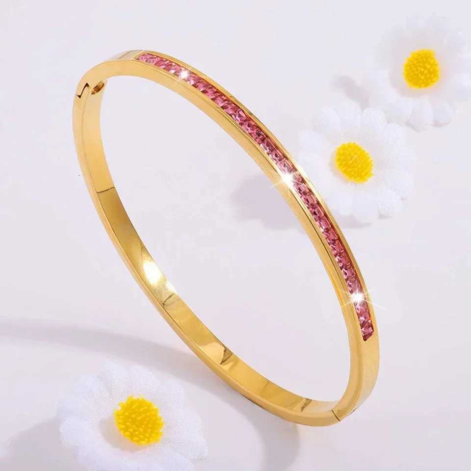 ZAKOL New Buling Pink Crystal Zirconia Stainless Steel Bracelet for Women Versatile Stackable Jewelry Waterproof Bangle Gift H260522