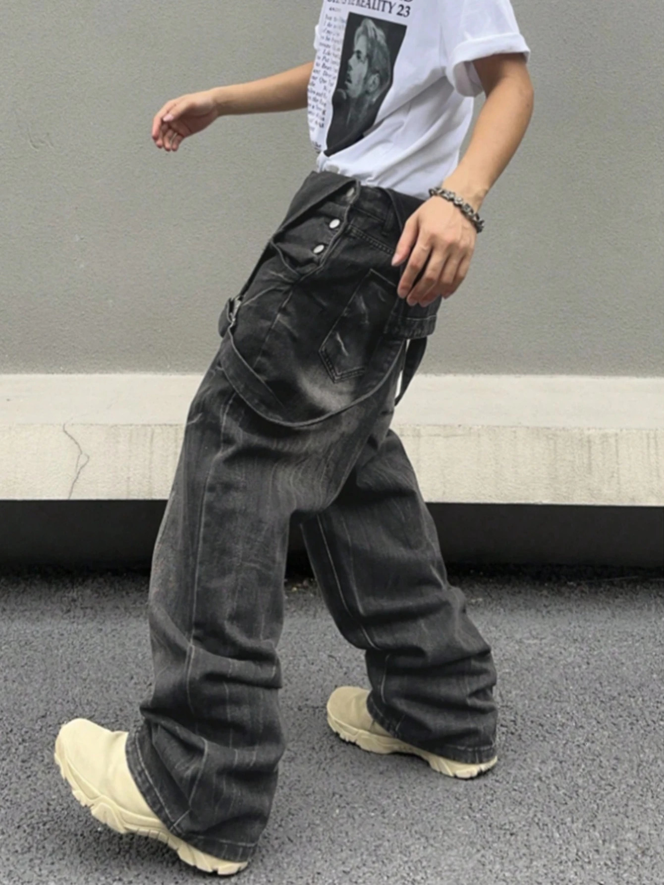 Mens denim overalls trendy streetwear casual loose-fit slimming jumpsuit lightning-pattern washed denim pants 260521 - view 5