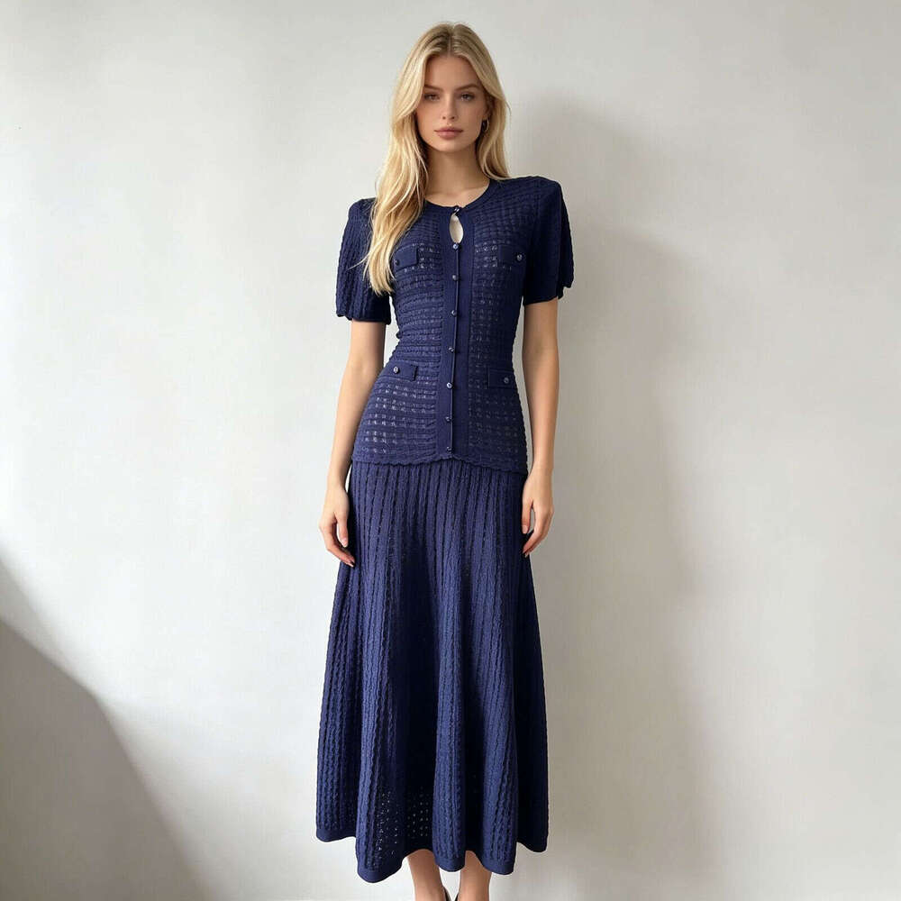 Retro Vibe Navy Crochet Knit Dress, Short Sleeve Button Front Fitted Dress, Sophisticated Feminine Style Square Neck Retro