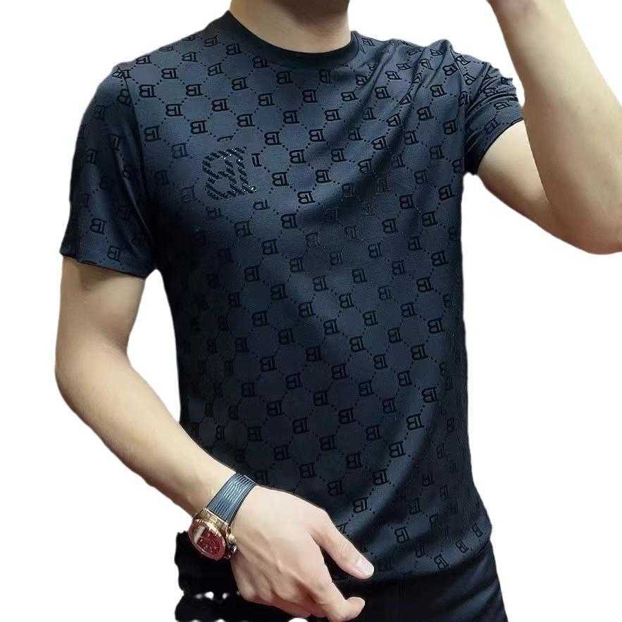 Spring/Summer Mens Printed Rhinestone T-Shirt European Fashion High Elasticity Round Neck Letter IB Design Slim Fit Short Sleeve Base Layer