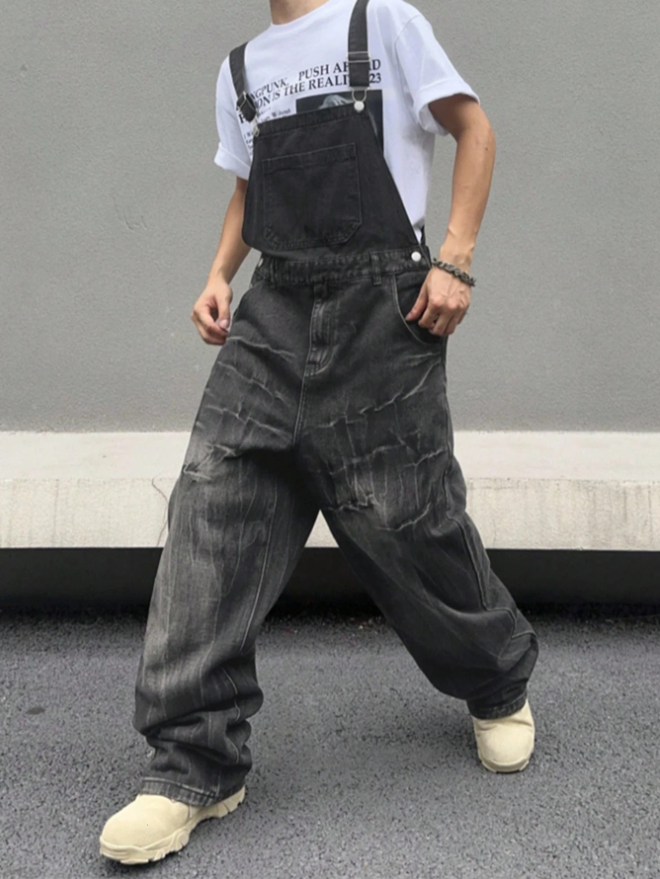 Mens denim overalls trendy streetwear casual loose-fit slimming jumpsuit lightning-pattern washed denim pants 260521 - view 3