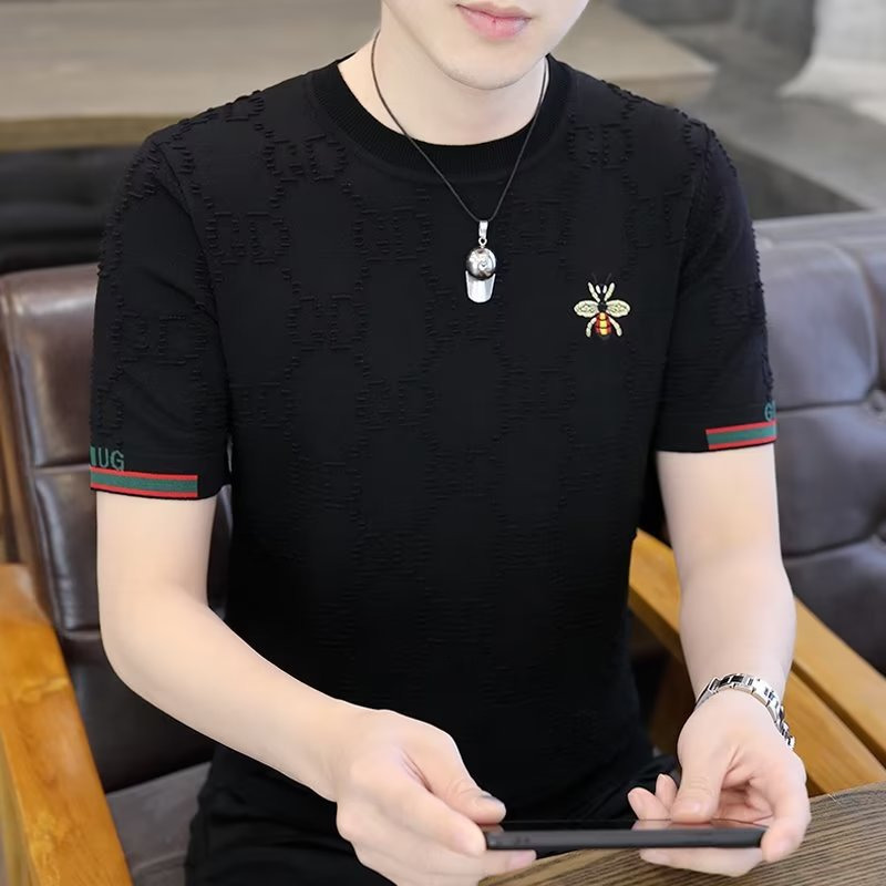Summer thin ice silk short-sleeve t-shirt for men, trendy brand 3D embroidered knitted half-sleeve summer top, men's wholesale - view 4