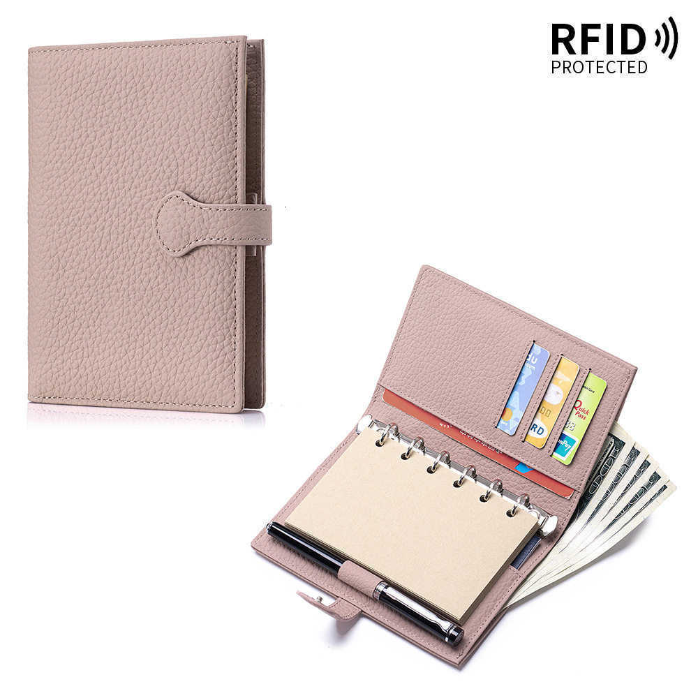 Leather multi-functional A7 loose-leaf notebook with detachable top-grain cowhide passport and ID storage bag and RFID wallet H260523