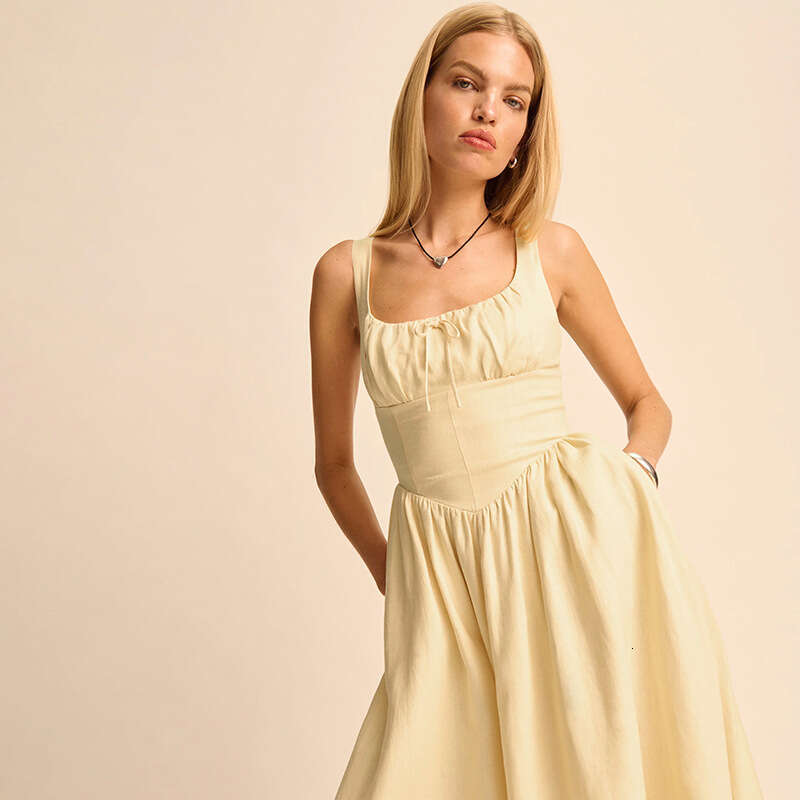 French Linen Square Neck Dress Solid Yellow Pure Desire Mid Length Casual Vacation Dress MAKOUFEI