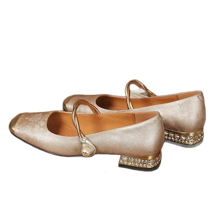 Womens Jacquard Mary Jane Block Heel Pumps Pearl Strap Design For Parties Fashion Gifts And Daily Wear - view 6
