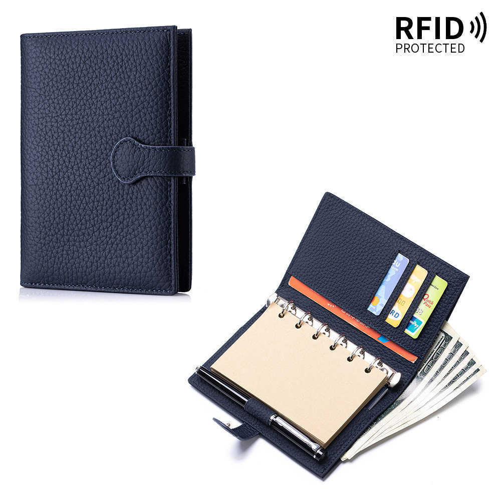 Leather multi-functional A7 loose-leaf notebook with detachable top-grain cowhide passport and ID storage bag and RFID wallet H260523