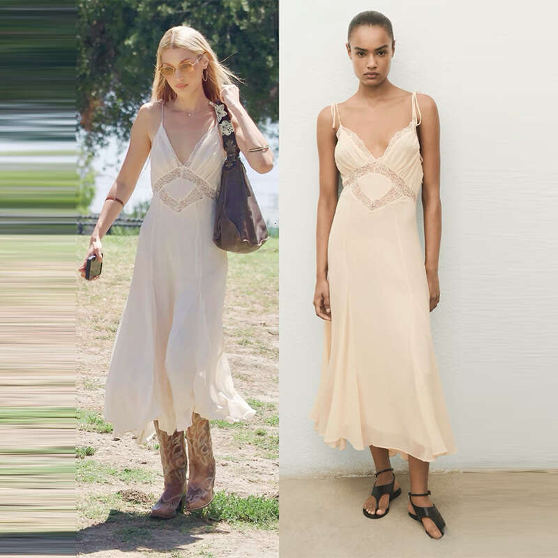 Solid Color V Neck Hollow Lace Strap Dress Backless Elegant Sexy Mid Length Vacation Dress MAKOUFEI