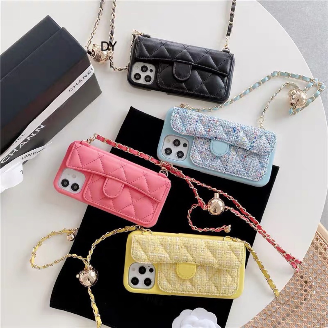 Quilted Card Holder Compatible with Apple 17 Pro Max Phone Case iPhone 16 Crossbody Chain 15 Plus Protective Cover 14