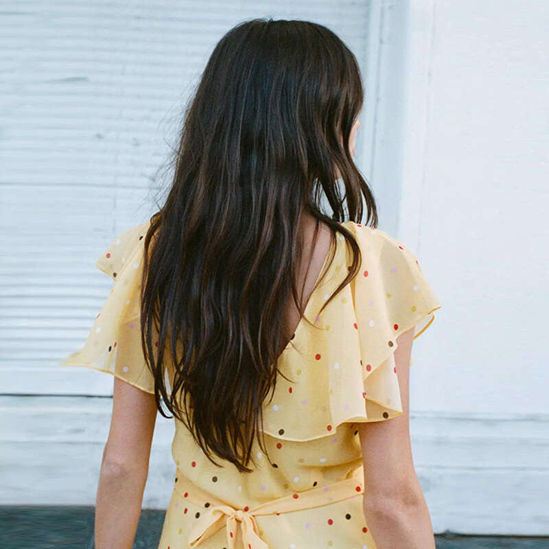 Retro French Yellow Polka Dot Dress U Neck Bias Cut A-line Mini Skirt Summer Casual Women Outfit MAKOUFEI
