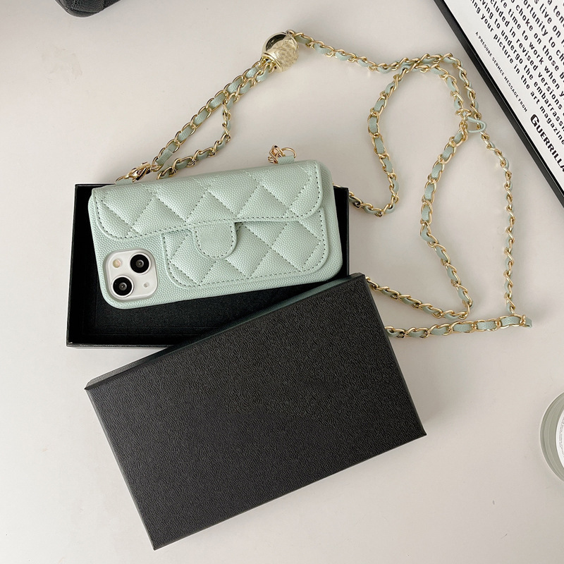 Minimalist Caviar Case for Apple 17 Pro Max with Card Slot, iPhone 16 Crossbody Chain, Luxury 12, 11
