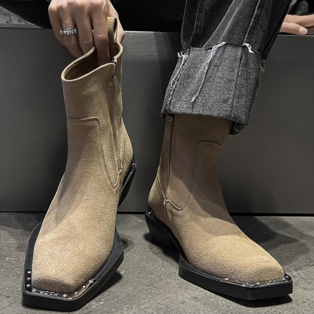 Men Black Leather Ankle Boots With Metal Toe Cap And Cuban Heel Daily Outfit - view 3