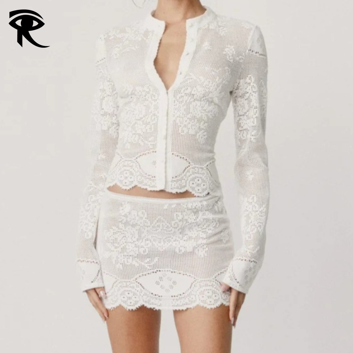 Summer Women White Chinese Frog Buttons Lace Hollow Out Sheer Crew Neck Long Sleeve Shirt Mini Skirt Set Sexy Elegant Vacation Date Original Fashion D - view 8