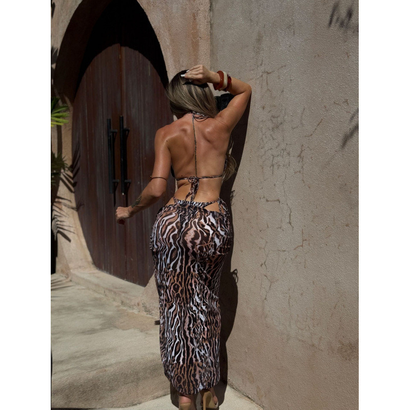 2026 European and American leopard print new beach sunscreen mesh skirt fashionable and sexy three piece set bikini split swimsuit