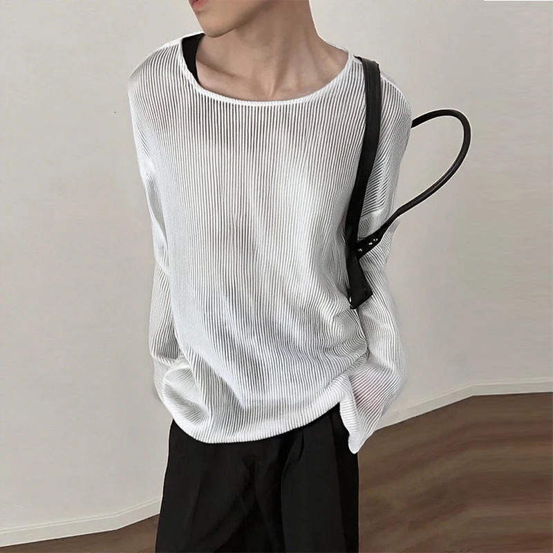 American Fashion Men T-shirt Sexy See-through O Neck Long Sleeve Tops Leisure KHollow Out Solid Color Pullovers S-2XL 260522