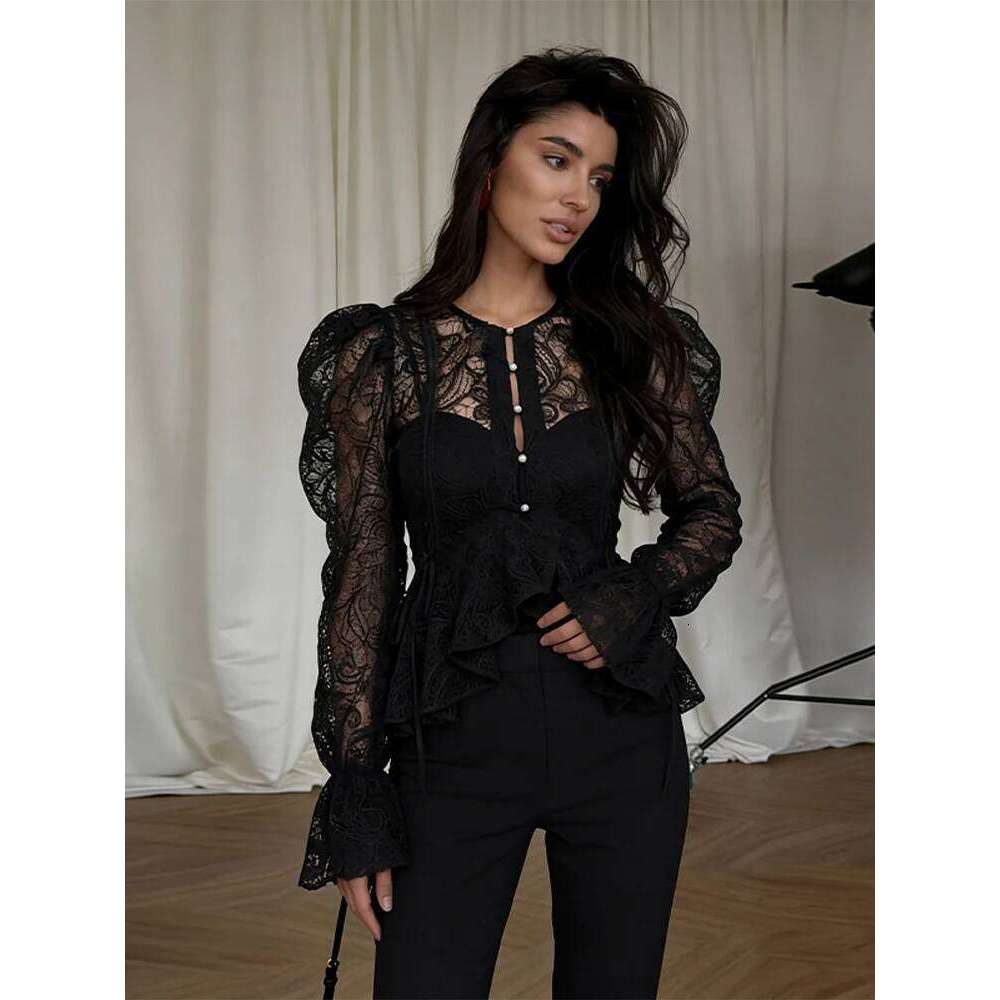 Women Lace Blouse Long Puff Sleeve Round Neck Pearl Button Fitted Waist Sheer Top Spring Summmer Elegant Romantic Shirts - view 4