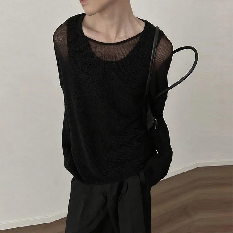 American Fashion Men T-shirt Sexy See-through O Neck Long Sleeve Tops Leisure KHollow Out Solid Color Pullovers S-2XL 260522