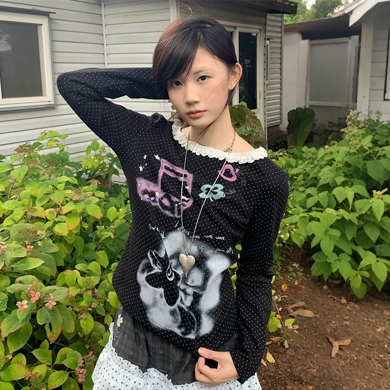 Karrram Japanese Y2k Anime Prin T-shirt 2000s Style Long Sleeve Polka Dot T Shirt Vintage Harajuku Lace Patchwork Tops Cutrecore 260521 - view 5