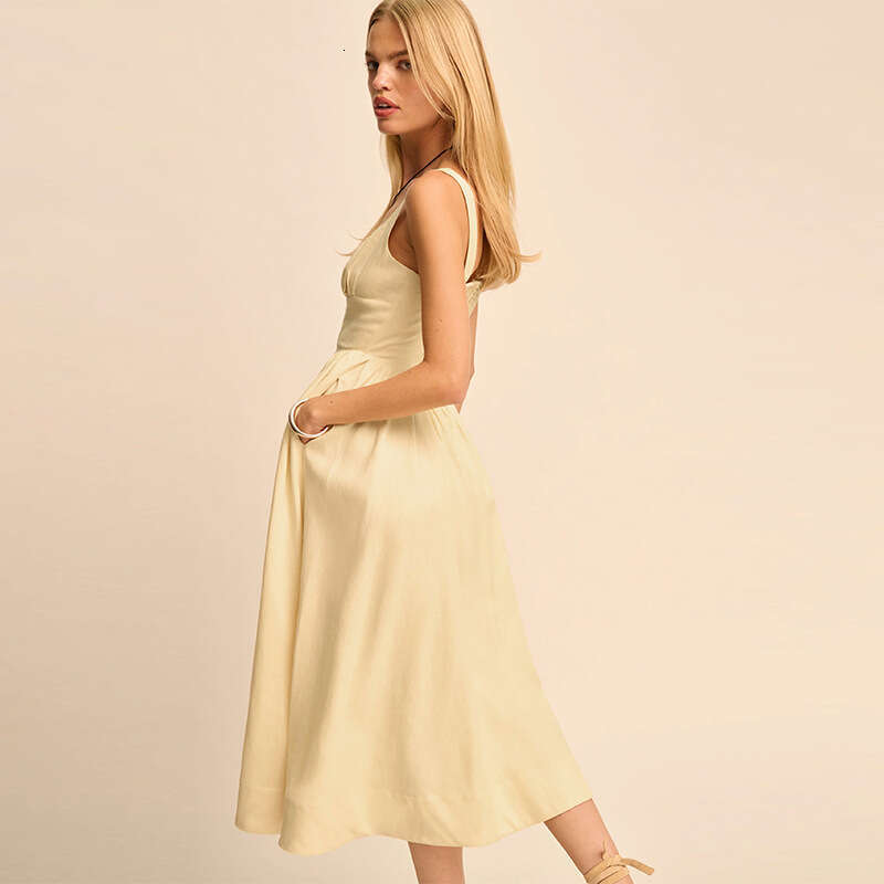 French Linen Square Neck Dress Solid Yellow Pure Desire Mid Length Casual Vacation Dress MAKOUFEI