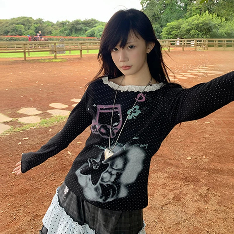 Karrram Japanese Y2k Anime Prin T-shirt 2000s Style Long Sleeve Polka Dot T Shirt Vintage Harajuku Lace Patchwork Tops Cutrecore 260521 - view 6