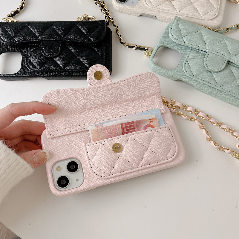 Minimalist Caviar Case for Apple 17 Pro Max with Card Slot, iPhone 16 Crossbody Chain, Luxury 12, 11
